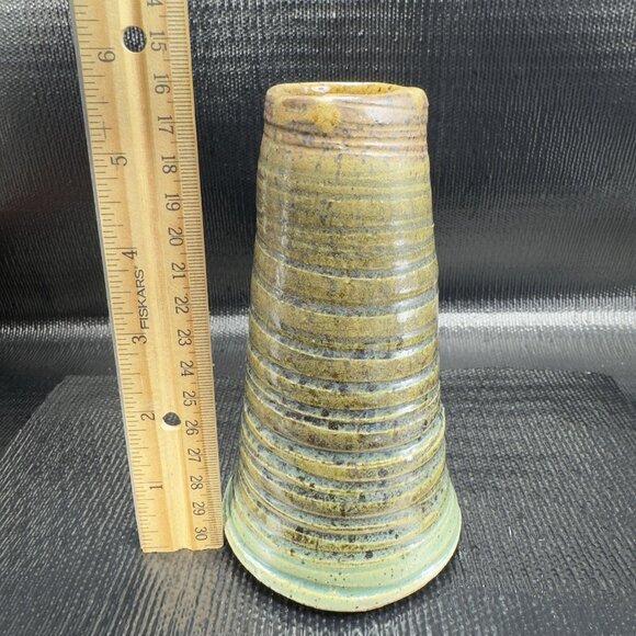 Vintage Hand Made Stoneware Pottery Bud Vase Brown Green Glaze Artist Marked VTG - Picture 2 of 12
